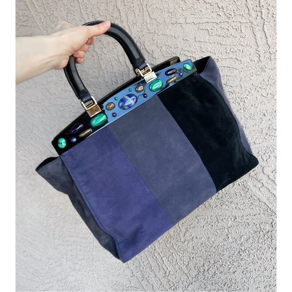 TORY BURCH Navy Blue Suede Large Leather Attersee Stone Embellished Tote Bag